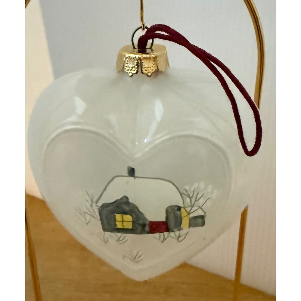 Heart Christmas Holiday Ornament White Hand Painted Winter Cottage Glass 4 Inch